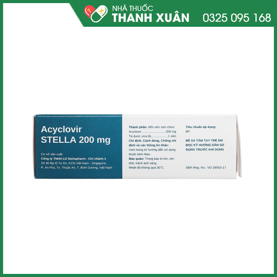 Acyclovir STELLA 200mg thuốc điều trị nhiễm herpes, zona, thủy đậu, dự phòng nhiễm HSV